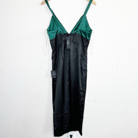 Lulus Modern Moments Green and Black Color Block Satin Midi Dress - Picture 5 of 11